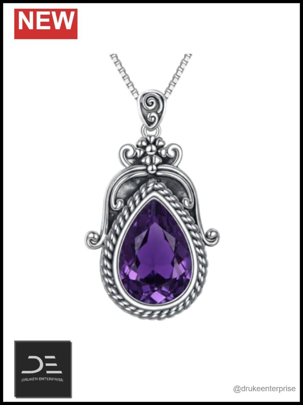 Natural Amethyst Pendant Necklace 925 Sterling Silver Vintage Boho Teardrop